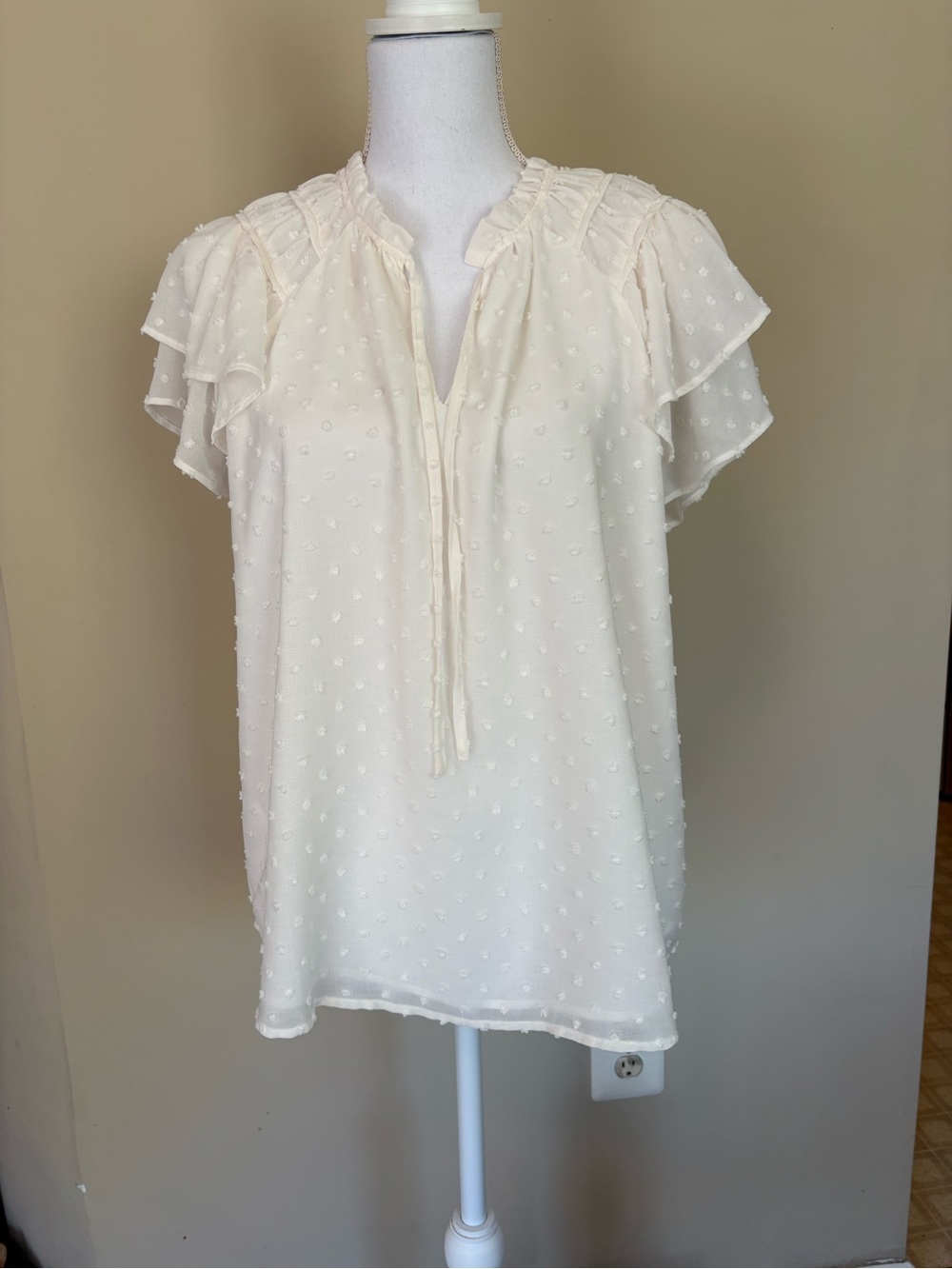 Swiss Dot Ruffle Sleeve Women’s Top - Ivory